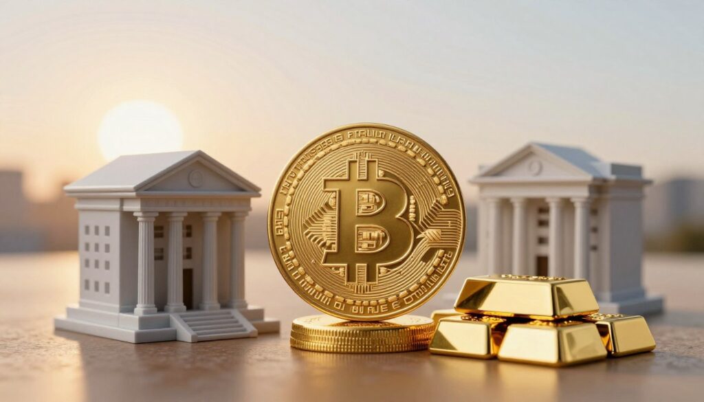 Bitcoin alongside traditional financial elements symbolizing its integration into the global financial system
