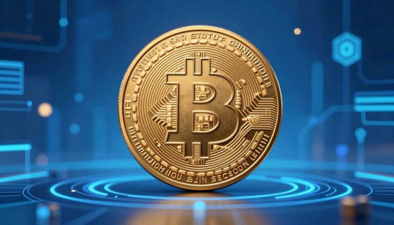 Bitcoin concept showing digital coins with the bitcoin logo on a blue technological background