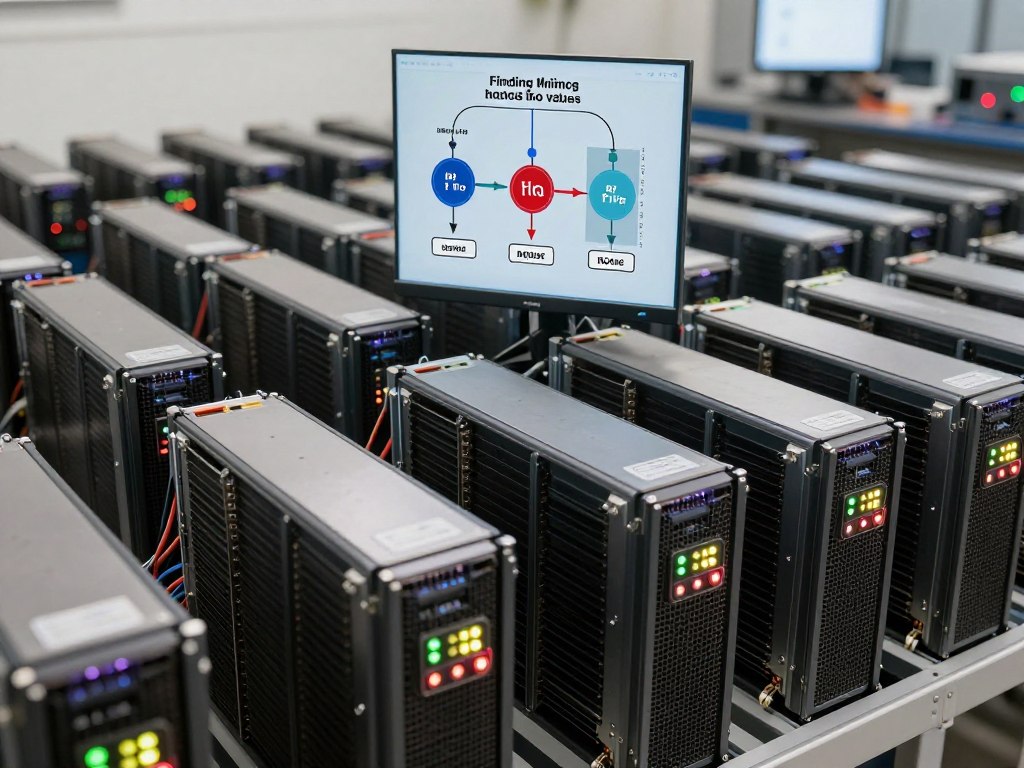 Bitcoin mining operation with specialized hardware and visual representation of the mining process
