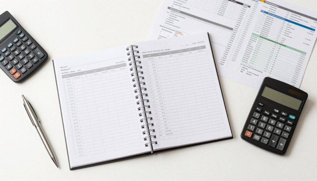 Budget planning with notebook, calculator and financial documents