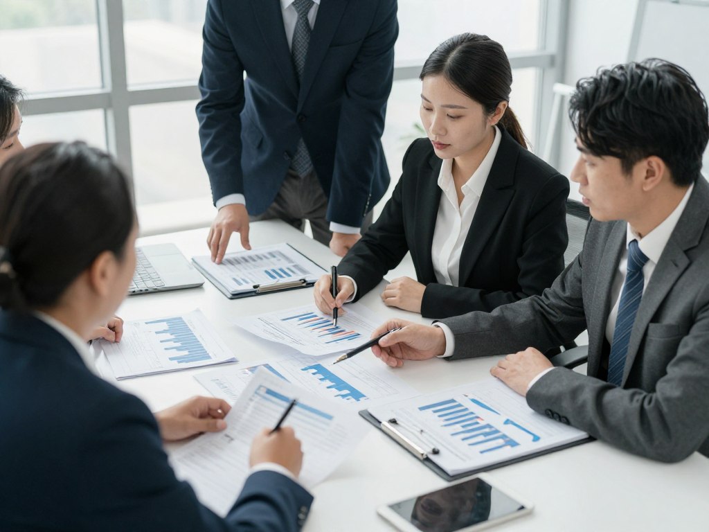 Business professionals analyzing corporate financial data