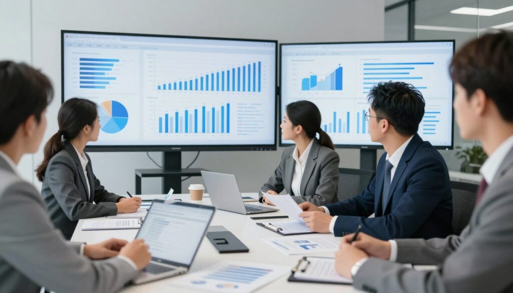 Corporate finance team analyzing financial statements and business performance