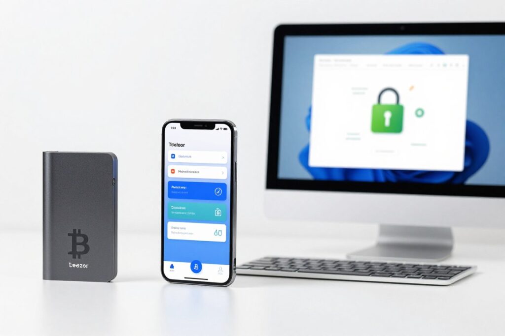 Different types of Bitcoin wallets including hardware, mobile, and desktop with security features