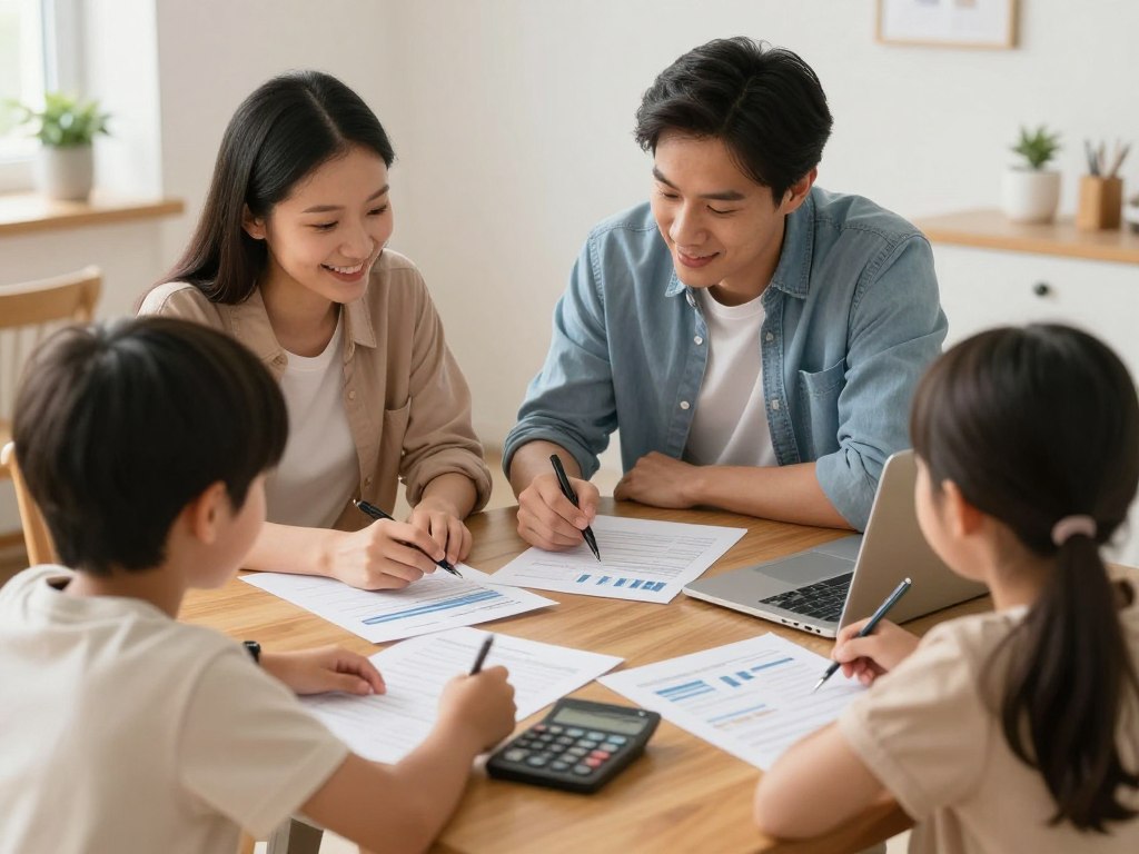 Family discussing personal finance and budget planning
