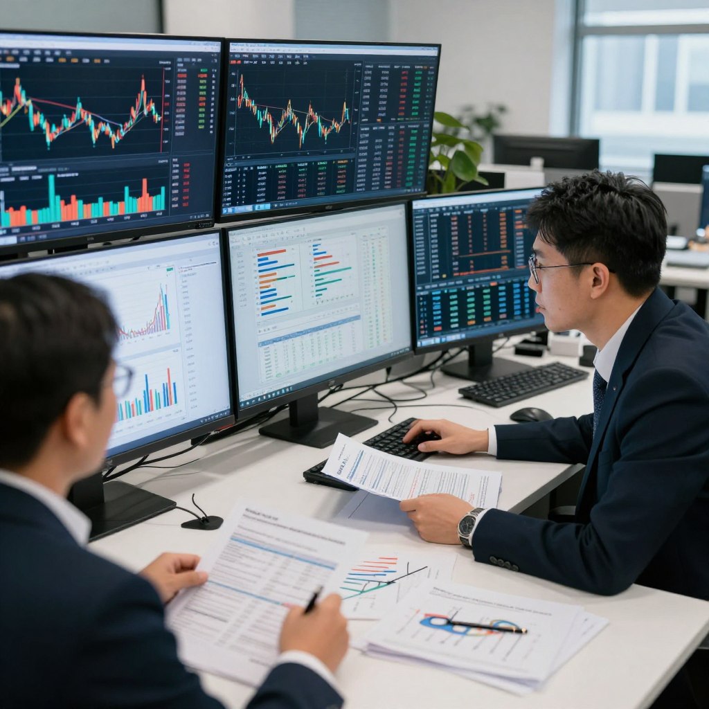 Investment professionals analyzing market data and portfolio performance
