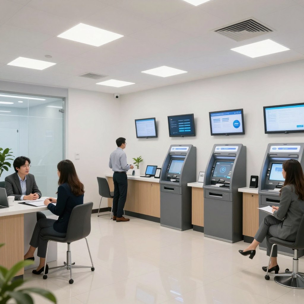 Modern bank branch with customers and financial advisors