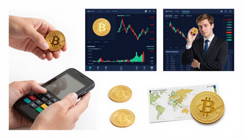 Multiple Bitcoin use cases showing payment, investment, and remittance scenarios