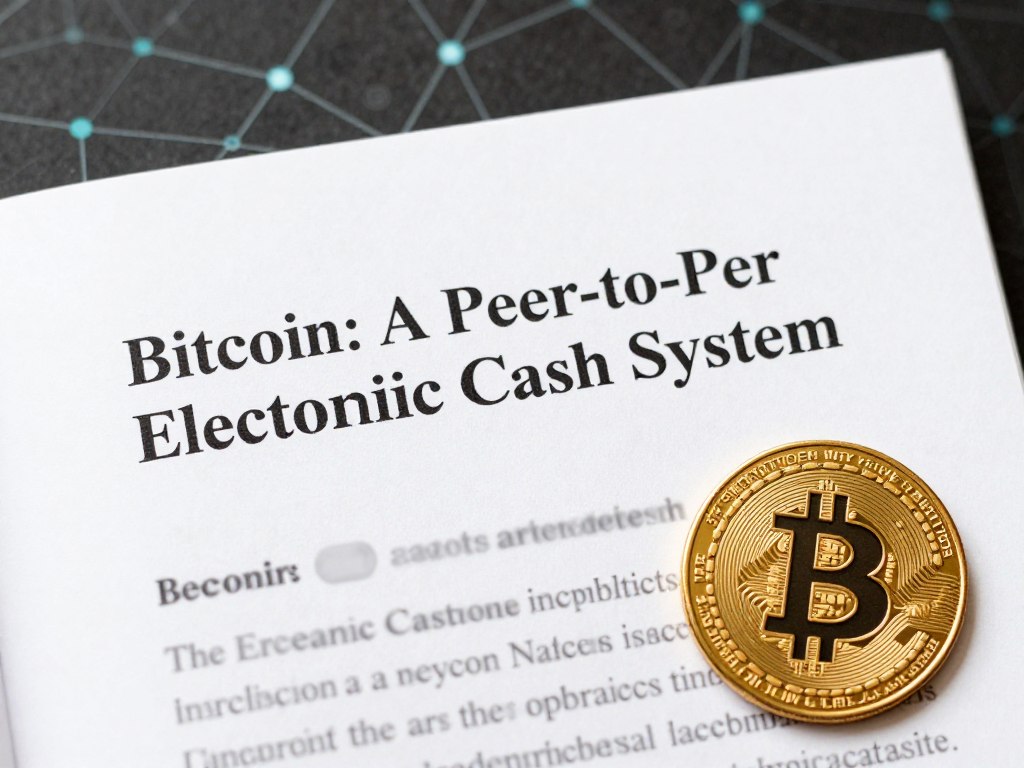 Satoshi Nakamoto's Bitcoin whitepaper with the Bitcoin logo and blockchain visualization
