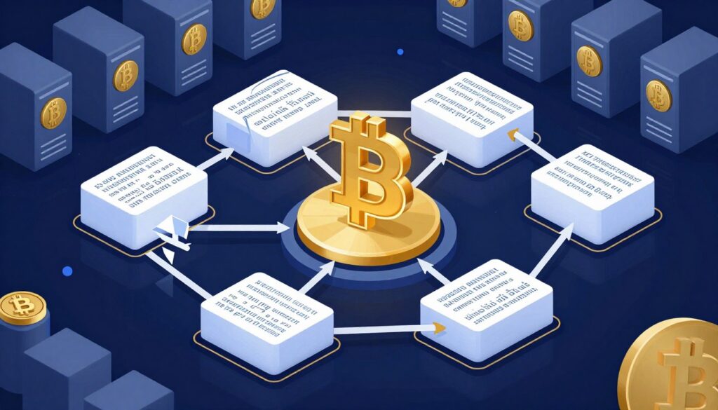 Visualization of the Bitcoin blockchain technology showing connected blocks with transaction data