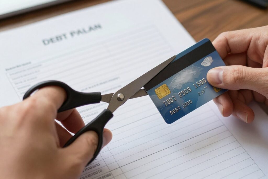 Young adult cutting up credit card to manage debt