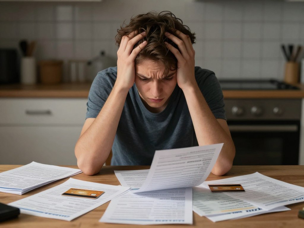 Young adult looking stressed about financial mistakes and credit card debt