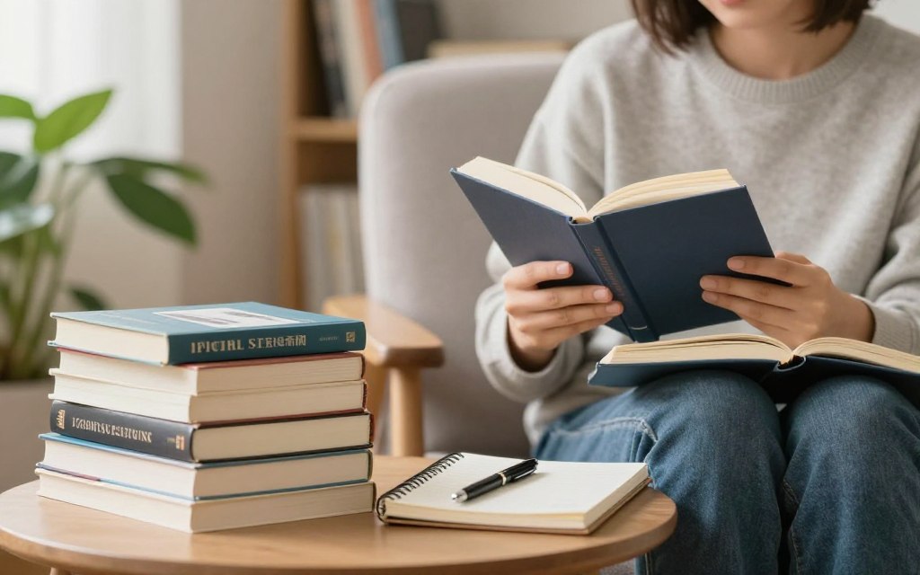 Young adult reading personal finance books and learning financial literacy