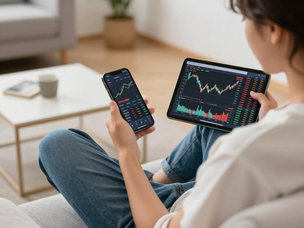 Young adult researching investment options on smartphone and tablet