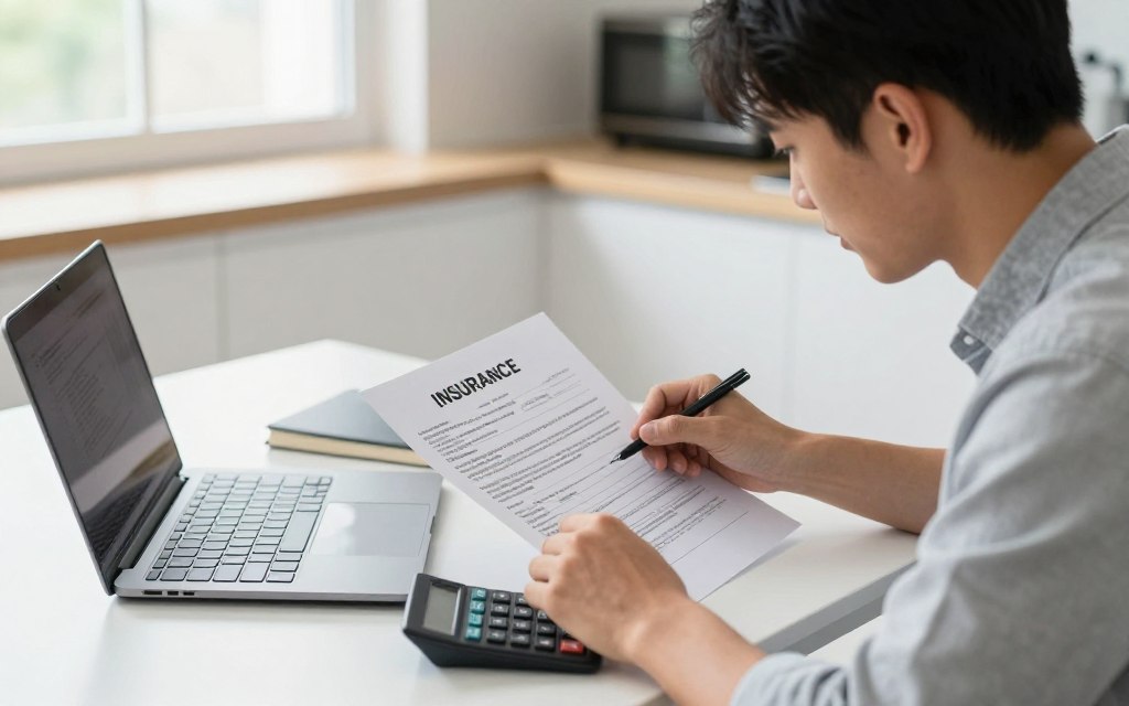 Young adult reviewing insurance policy documents for financial protection