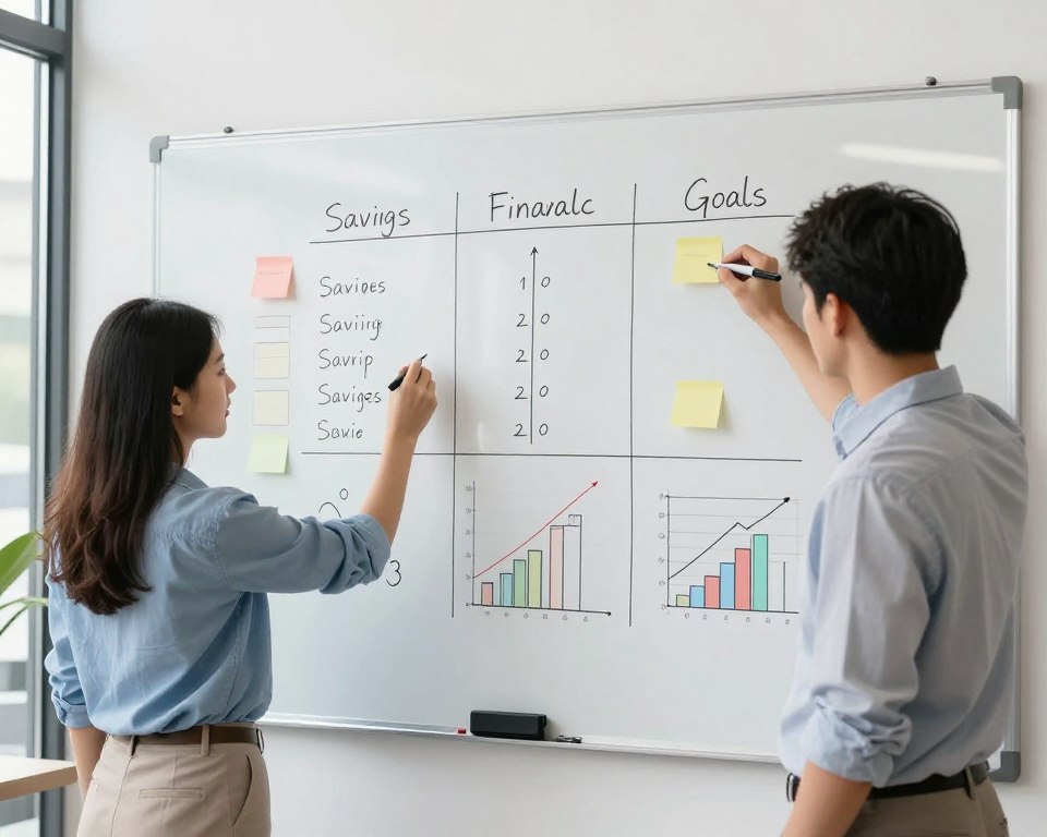 Young adults planning financial goals with vision board and charts