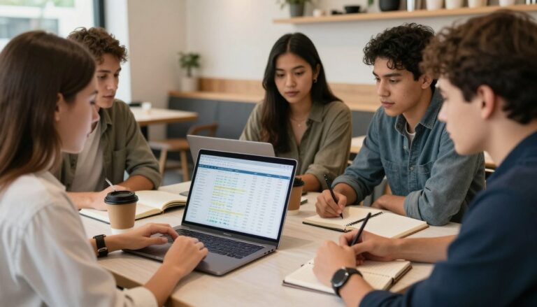 Young adults reviewing personal finance advice on laptop with budget planner