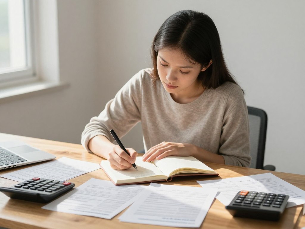 Young woman calculating personal finance with calculator and bills spread on desk